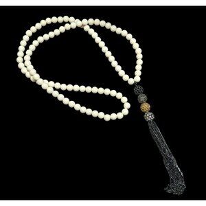 Boho Chic Stone Beaded Necklace With Metallic Rhinestone Bead And Chain Tassel